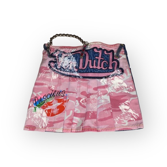 Vintage Y2K: Von Dutch ☻︎ Motorcycle Chain Denim Skirt ☻ Handpainted Camo Print - Picture 15 of 16